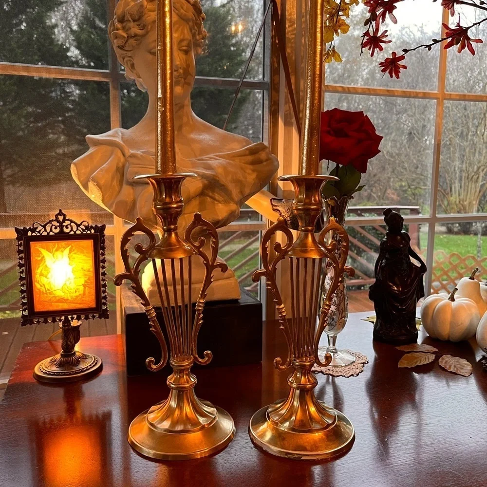 Pair of Lyre Shaped Brass Candle Holders 10-1/8